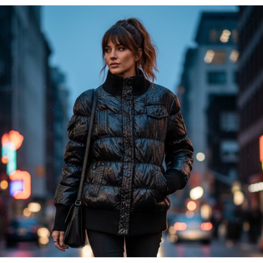 Christiane Celle Women's Size 3 Black Long‎ Sleeve MockNeck Puffer Jacket